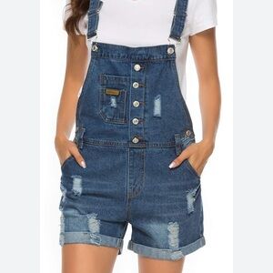 AVACOSTUME Blue Destroyed Denim Cuffed Distressed Bib Overall Shorts  M NWT